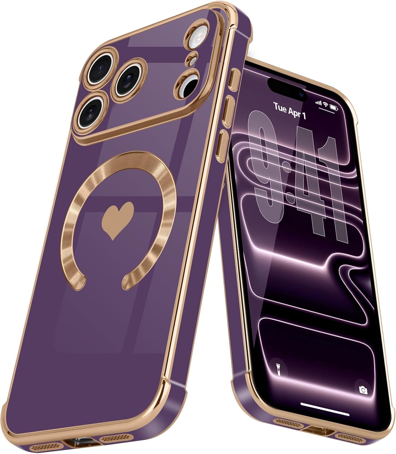 Magnetic Case for iPhone 17 Pro Max Women Girls Luxury Plating Cute Love Heart Soft Back Cover Full Camera Lens Protection Compabtible with MagSafe for iPhone 17 Pro Max Case Dark Purple