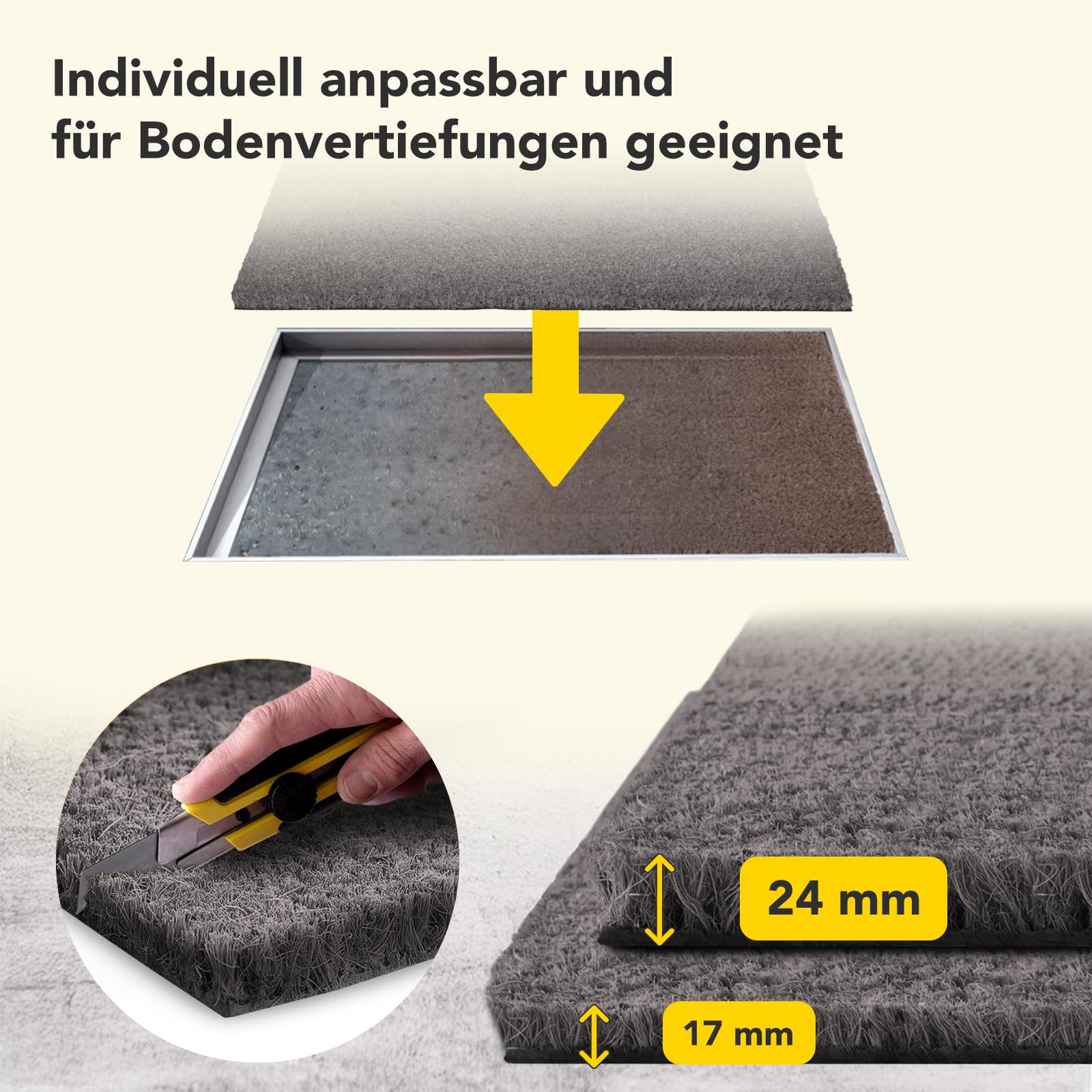 Floordirekt Zerbino per interni ed esterni, 80 x 100 cm, grigio, in cocco, antisporco per porta di casa, tappetino antiscivolo in cocco, zerbino (17 mm)
