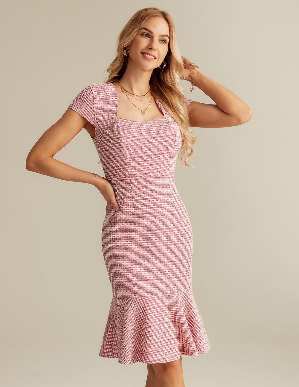 GRACE KARIN Womens Elegant Cap Sleeve Fishtail Tweed Cocktail Bodycon Dress