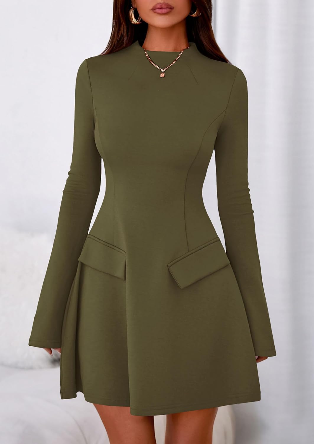 PRETTYGARDEN Women's Elegant Holiday Short Dress 2026 Fall Bell Long Sleeve Mock Neck Work Business Casual Party Mini Dress - Image 8