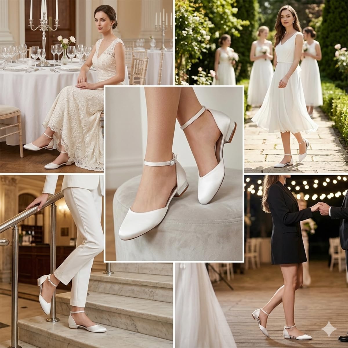 Ballerine Mary Jane in Raso Bianco Donna, Scarpe da Sposa a Punta Tonda con Cinturino alla Caviglia e Taglio D'Orsay, Eleganti Scarpe Basse da Cerimonia