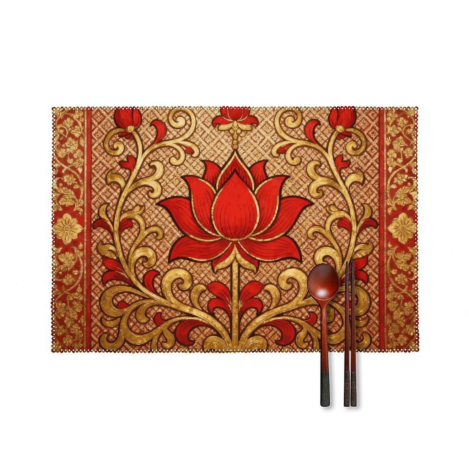 Ethnic Floral Placemats Set of 6, 12x18 Inch Heat Resistant Washable Canvas Table Mats, Stain Resistant Decorative Dining Placemats for Kitchen, Restaurant, Outdoor Party