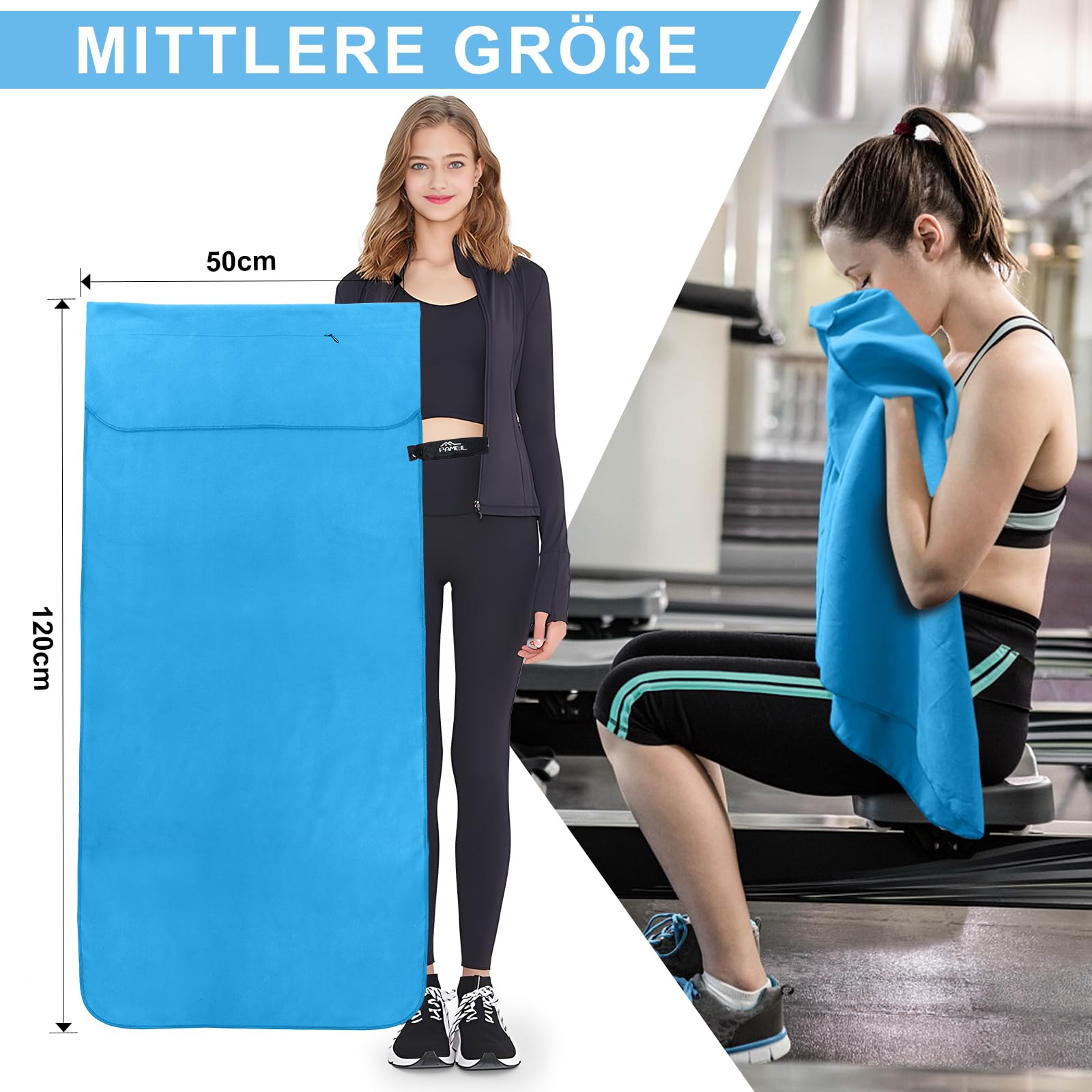 Pameil Asciugamano Microfibra, 120x50cm Asciugamano Palestra, Leggero & Assorbente Telo Palestra Microfibra Con Tasca Con Cerniera per Viaggi, Spiaggia, Yoga, Sauna