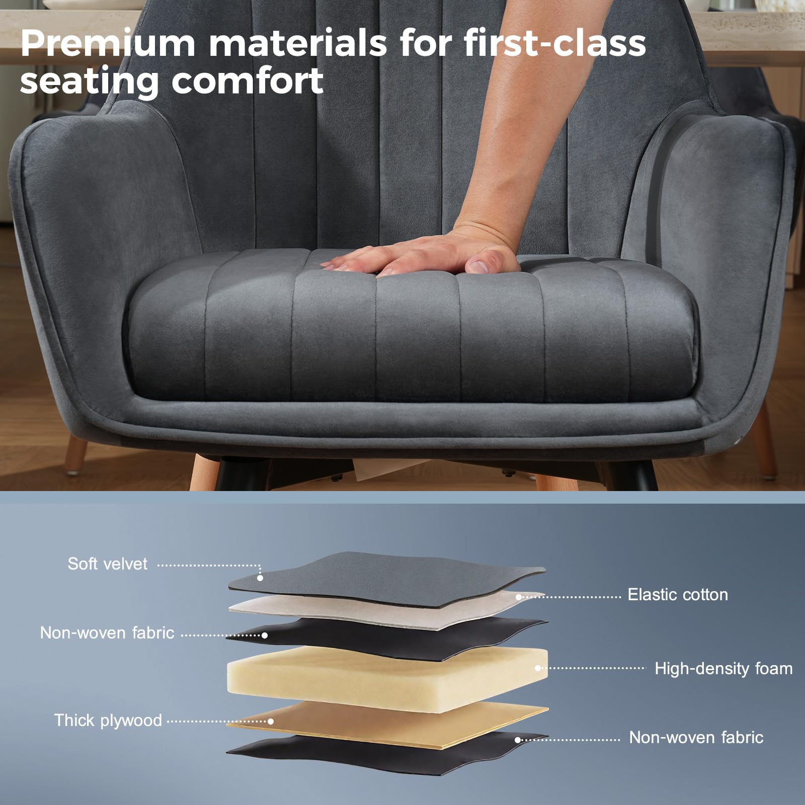 ELUCHANG Esszimmerstühle 2er Set, 360° Drehbar, 12cm Dicke Polsterung Stuhl mit Hohen Armlehnen, Grau Samt, bis 150 kg Belastbar, für Schlafzimmer Küche Wohnzimmer