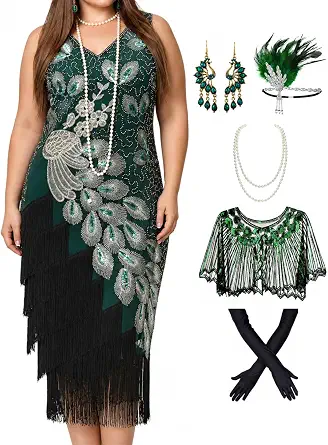 Plus Size 1920s Vintage Peacock Flapper Dress with Accessories