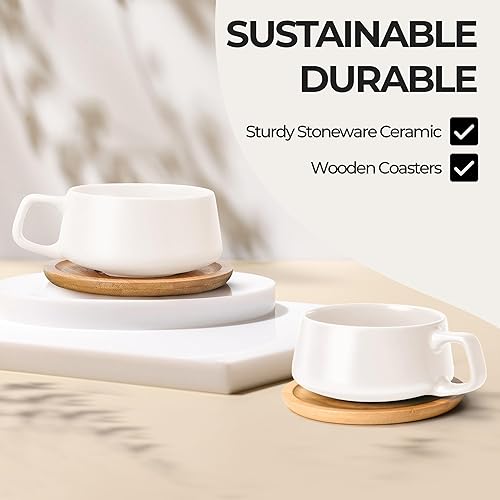 Miniatura 11 de MIAMIO – 11 onzas, juego de 4 tazas de té de cerámica y platillo de bambú/taza de té - Taza ancha de capuchino, tazas de café de cerámica