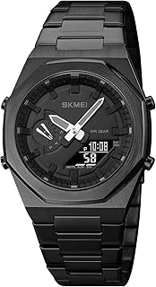 SKMEI Stainless Steel Men Analog Watch Dual-Display Electronic Watch with Luminous 30M Waterproof Watch Fashion Multifunctional Sports Watch for Men- 1816