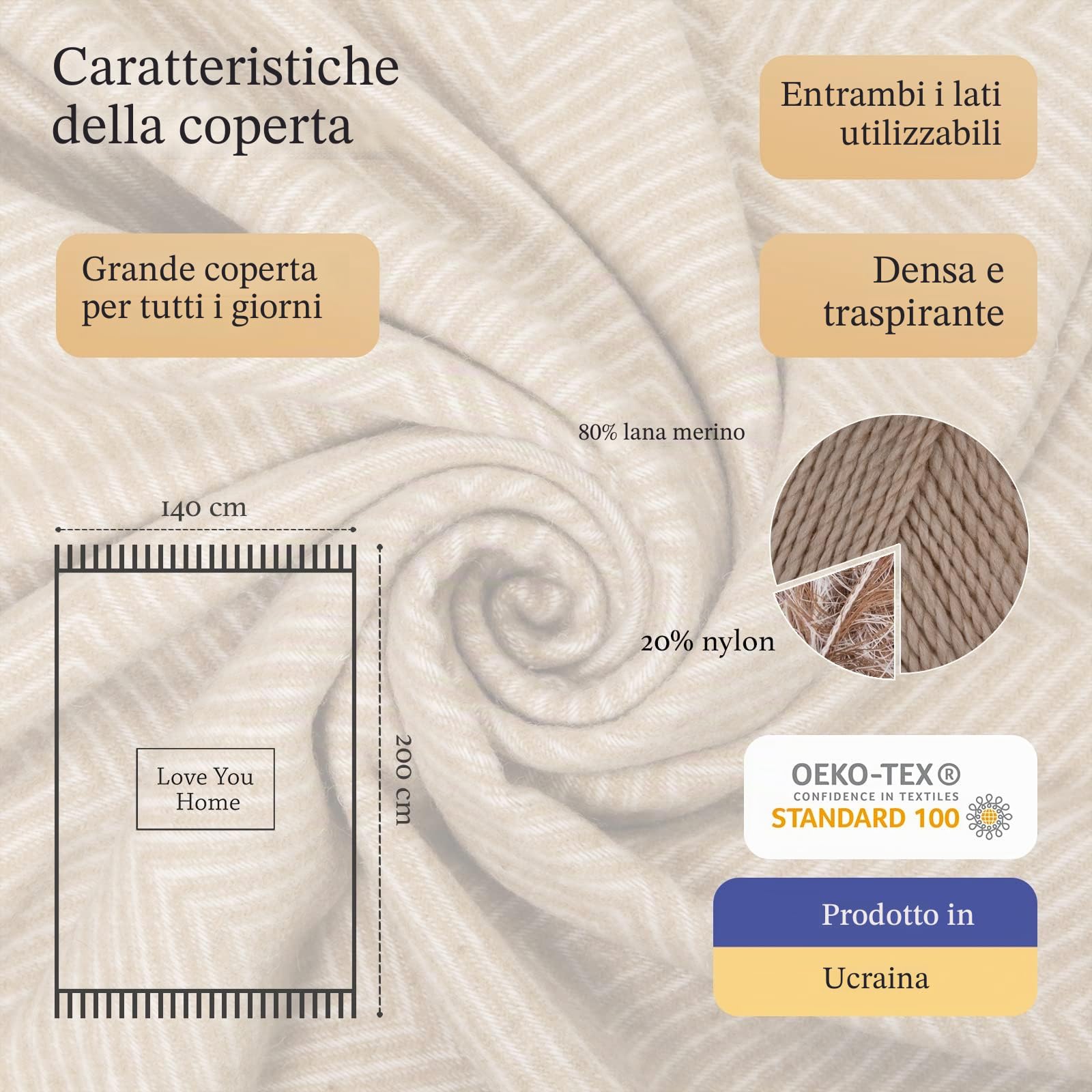 LYHome Plaid in Lana Merino, Coperta Calda per Divano e Letto, 140x200 cm | Copriletto Morbido 80% Lana, 20% Nylon, OEKO-TEX. Leggera 4 Stagioni - Plaid da Divano, Campeggio, Auto | Beige, Bianco Rombi