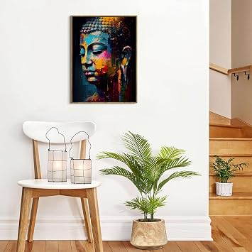 Buddha Wall Art Abstract Colorful Buddha Painting Framed Canvas Prints Picture Zen Decorations Inspiring Wall Decor Spiritual Poster Vintage Buddha Artwork for Home Hallway Office Living Room 30x40cm