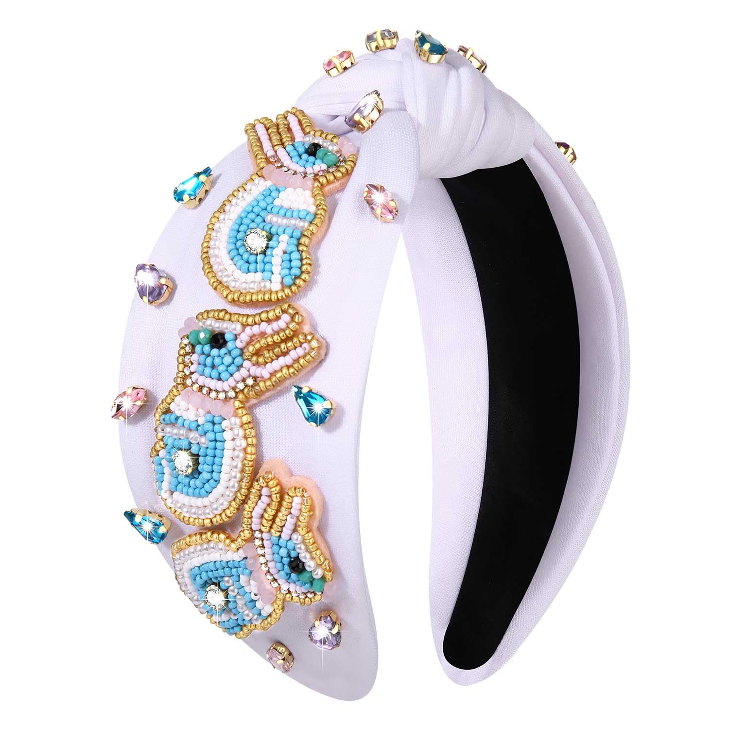 boderier Easter Headbands for Women Girls Beaded Easter Bunny Headband Crystal Jeweled Embellished Wide Knotted Headband Spring Holiday Easter Accessories (Beaded Blue Bunny)