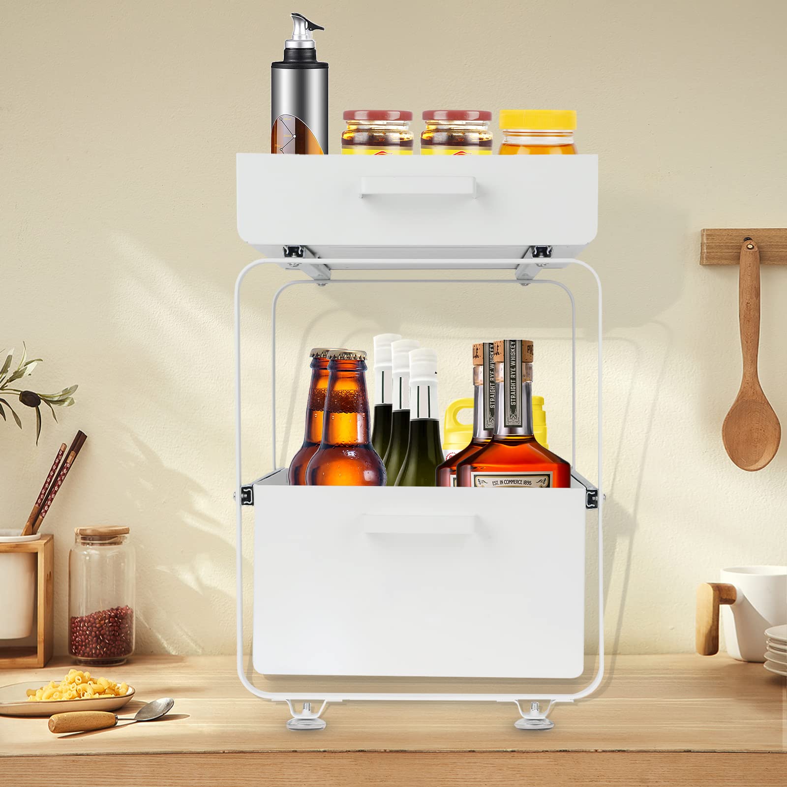 HUOLE Organisateur de Cuisine à 2 Niveaux Rangement sous évier, Coulissant Organiseur pour Cuisine Armoire Salle de Bain, Acier au carbone-40 * 25,5 * 39,5 cm-Blanc (1PC)