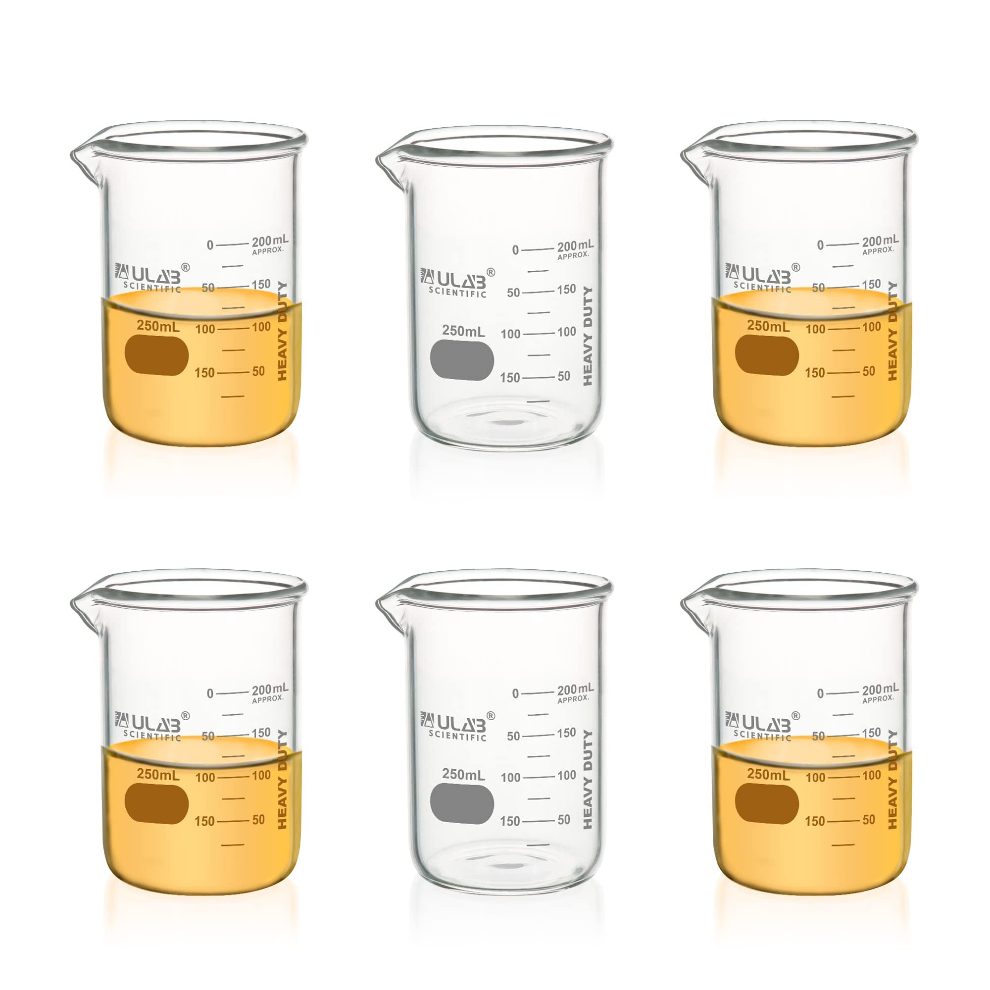 ULAB Heavy Duty Glass Beakers, 6pcs of Vol.250ml(8.45oz), Borosilicate 3.3 Glass, Thick Wall Beakers, with Double Scale, Superior Durability &