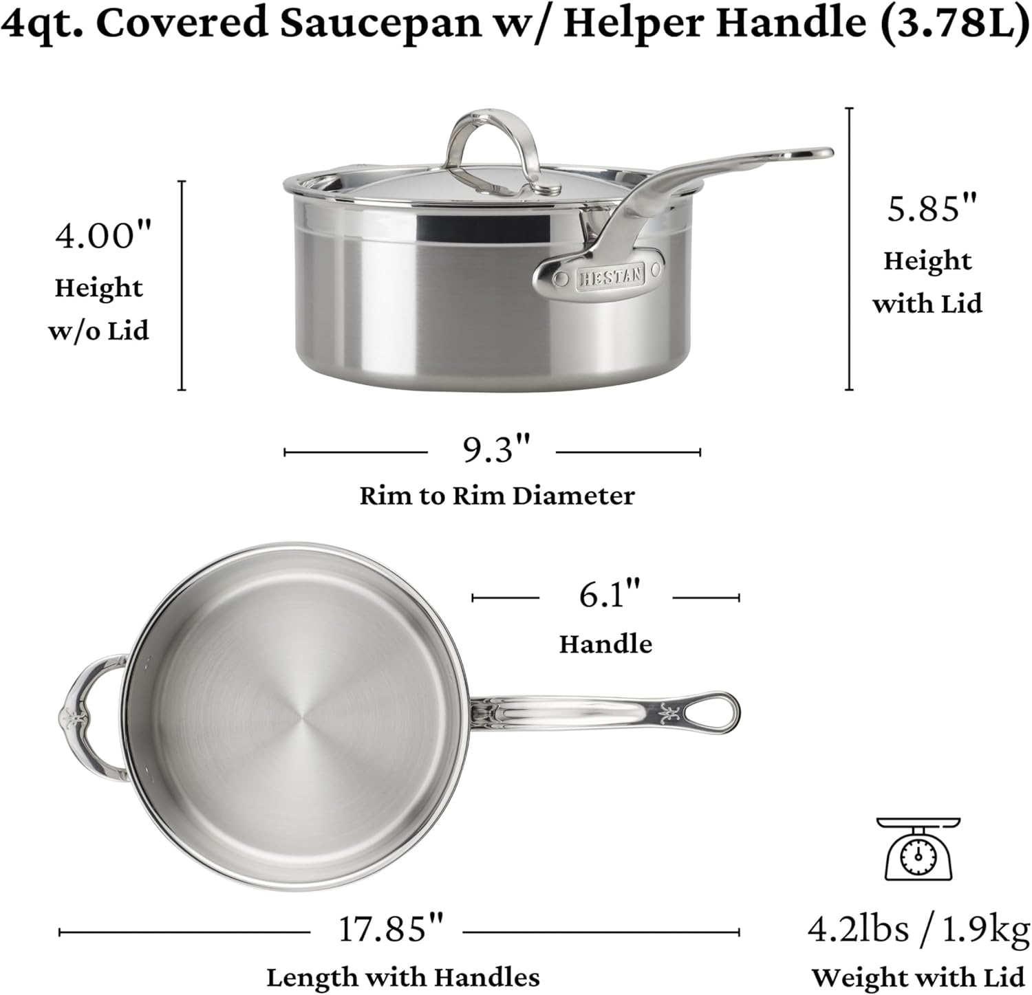 Hestan ProBond Forged - Professional Clad Stainless Steel Sauce Pan with Helper Handle, 4 Quart, Induction Compatible
