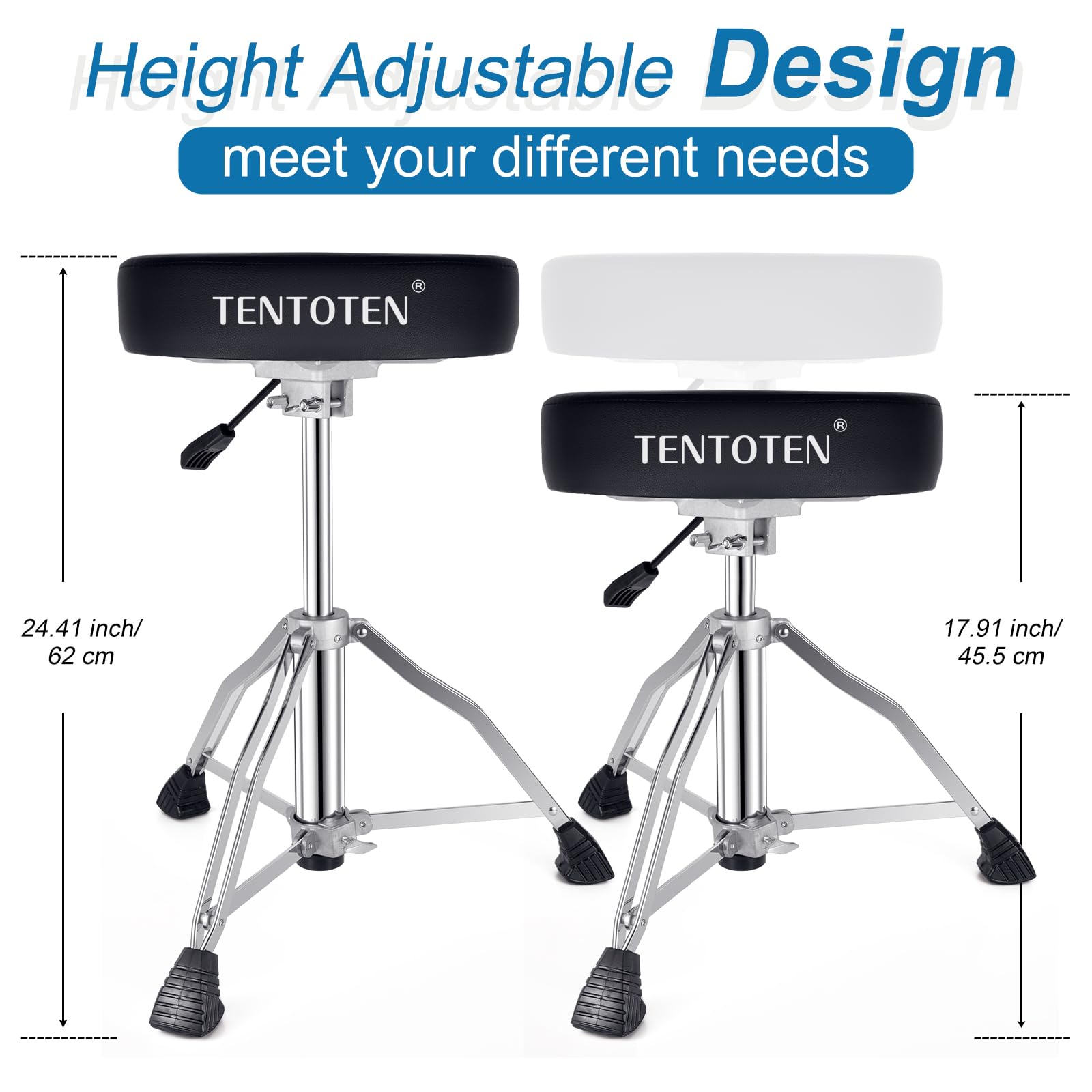 TENTOTEN Drum Throne Adjustable Height Drum Stool, Removable Drum Seat Hydraulic Drum Throne with Padded Drum Chair, Stable 2-Pieces Legs & Larger Anti-Slip Feet