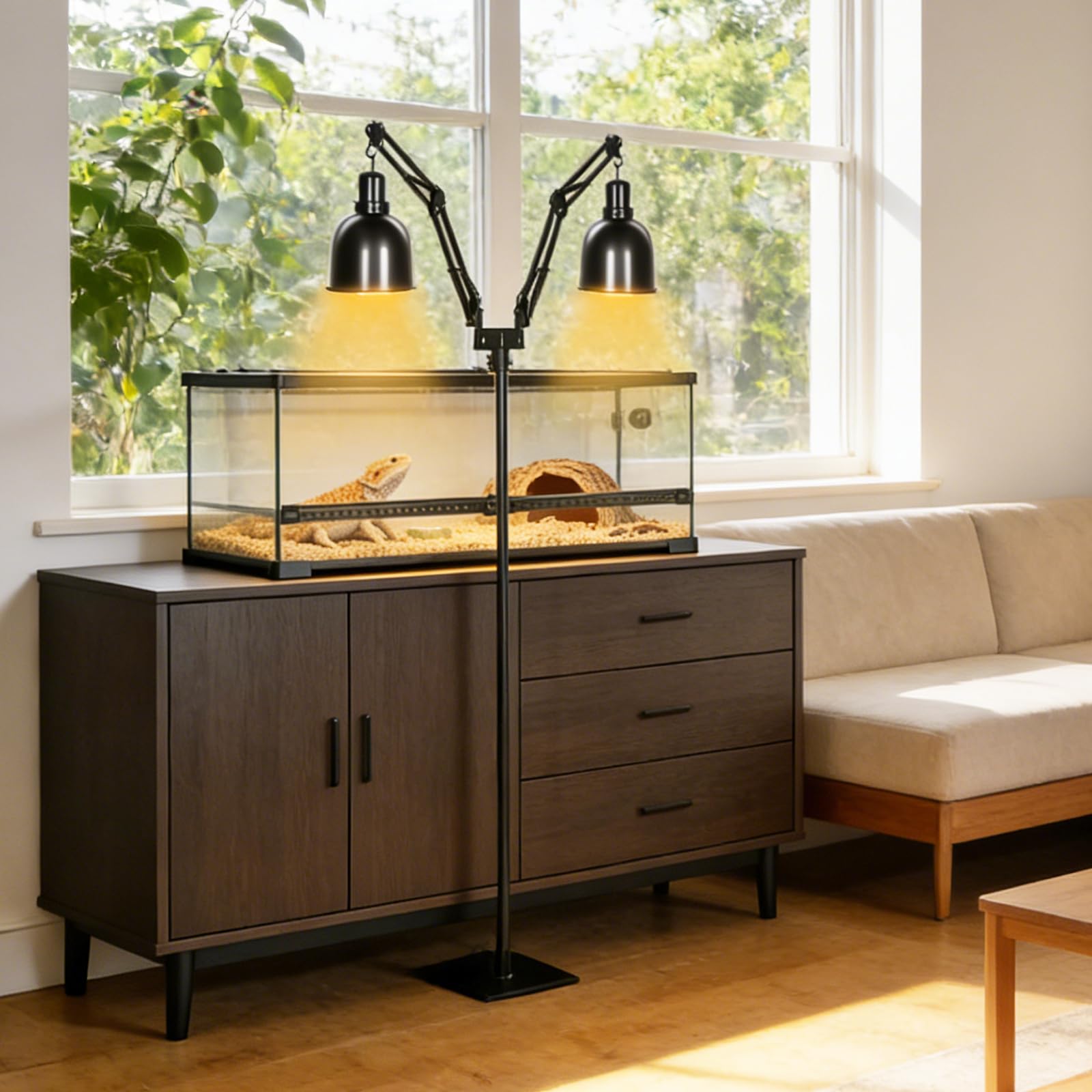 Soporte de Lámpara de Reptiles, Altura Ajustable 40-160CM, Rotación de 360°, Soporte de Luz de Suelo Telescópico de Reptiles con 2 Ganchos para Tortugas, Ciempiés y Arañas