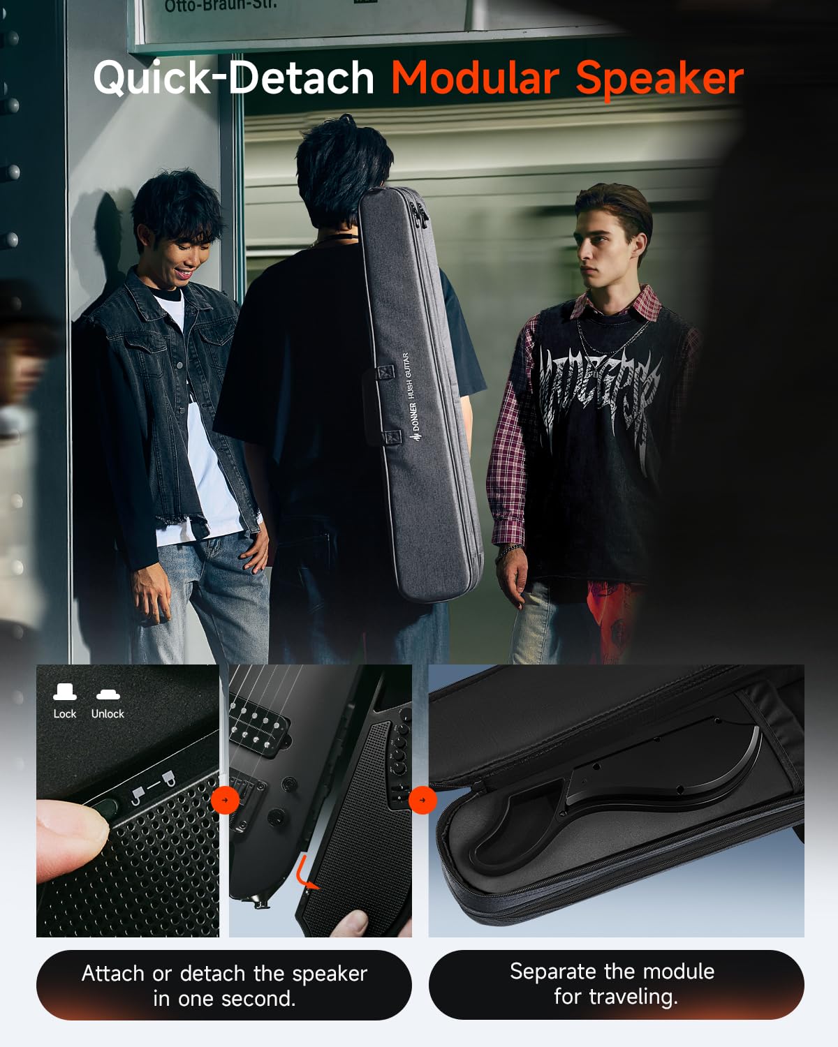 DONNER HUSH X LIVE Guitare électrique avec haut-parleur détachable, Noir