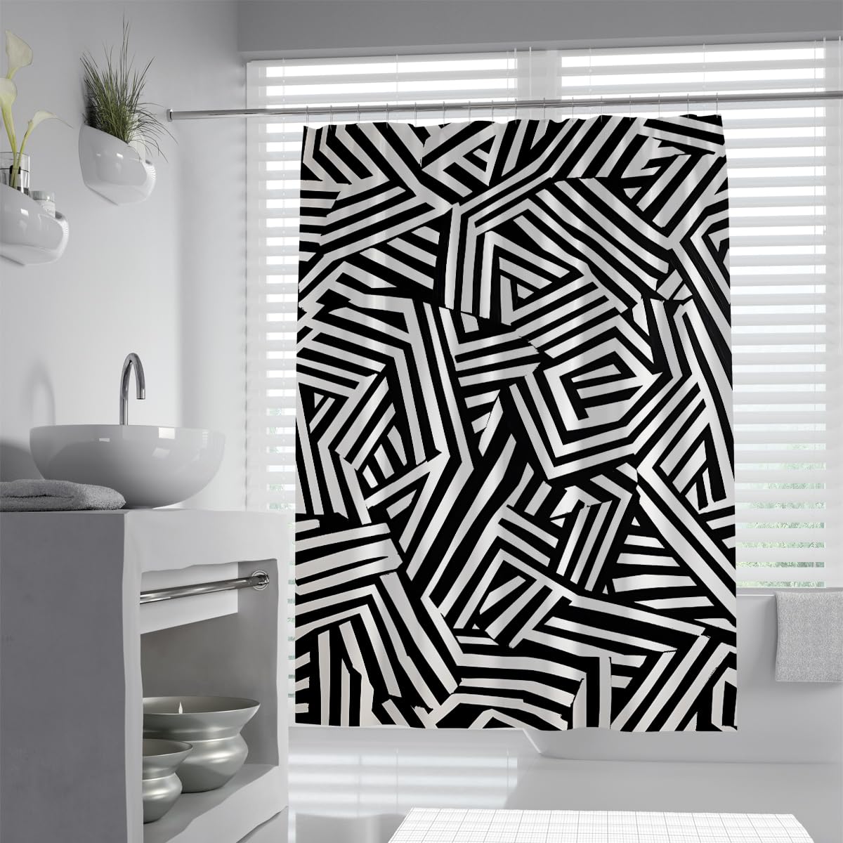 UIRINGART Urban Chic Maze Stripes Shower Curtain W200xL200cm Contemporary Abstract Interlocking Line Pattern Mildew Resistant Washable Home Hotel Bathroom Screen With Hook