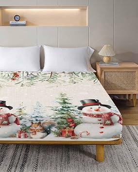 Top Sheet Queen Bedding Flat Sheet Only,Snowman Christmas Tree Winter Snowflakes Holly Berry Microfiber Bed Sheets Soft Breathable Bedding Flat Sheets,Retro Linen Hotel Luxury Top Sheets