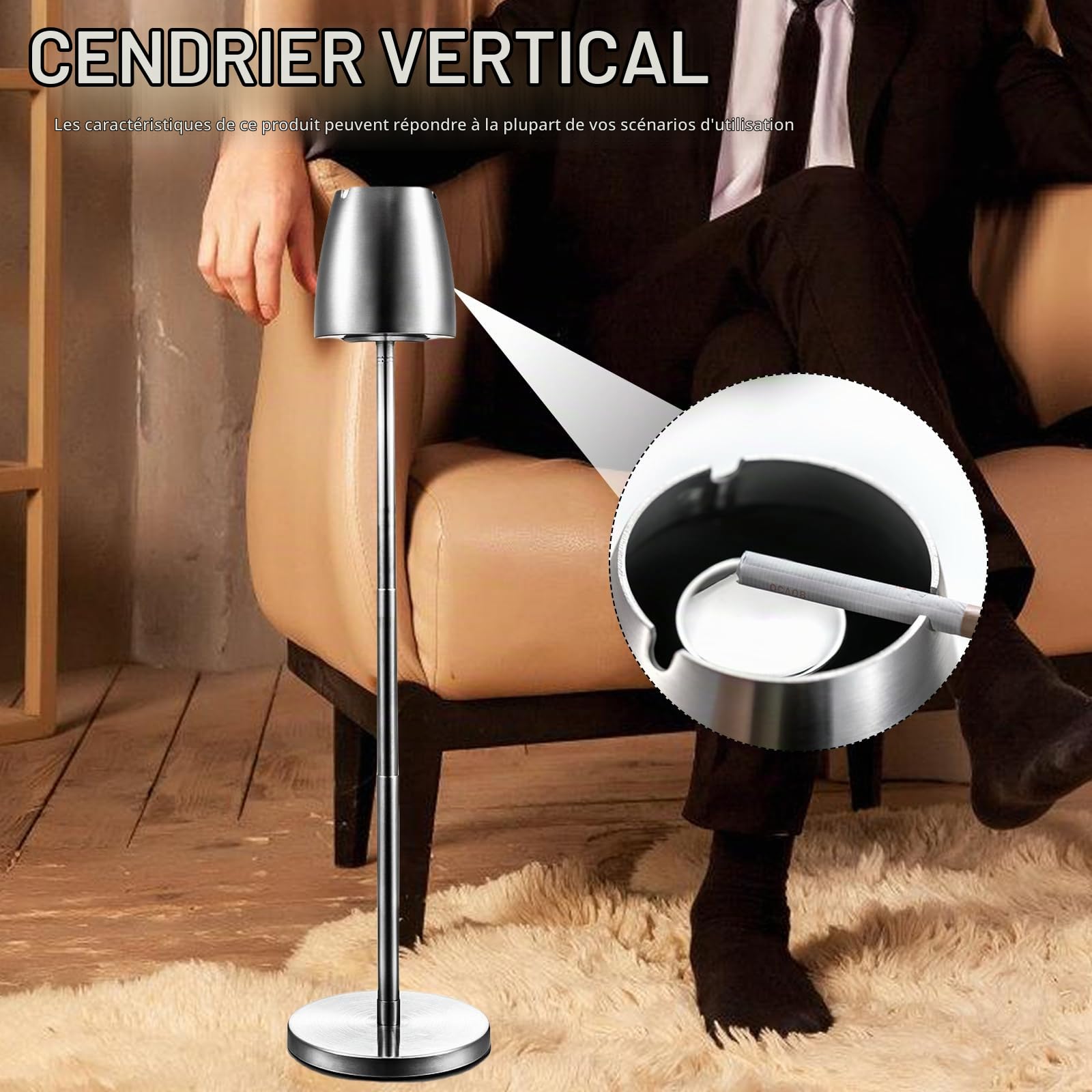 Cendrier de sol réglable en acier inoxydable : extérieur, extensible en hauteur 34-68 cm, cendrier de sol réglable avec couvercle et fond antidérapant, argenté