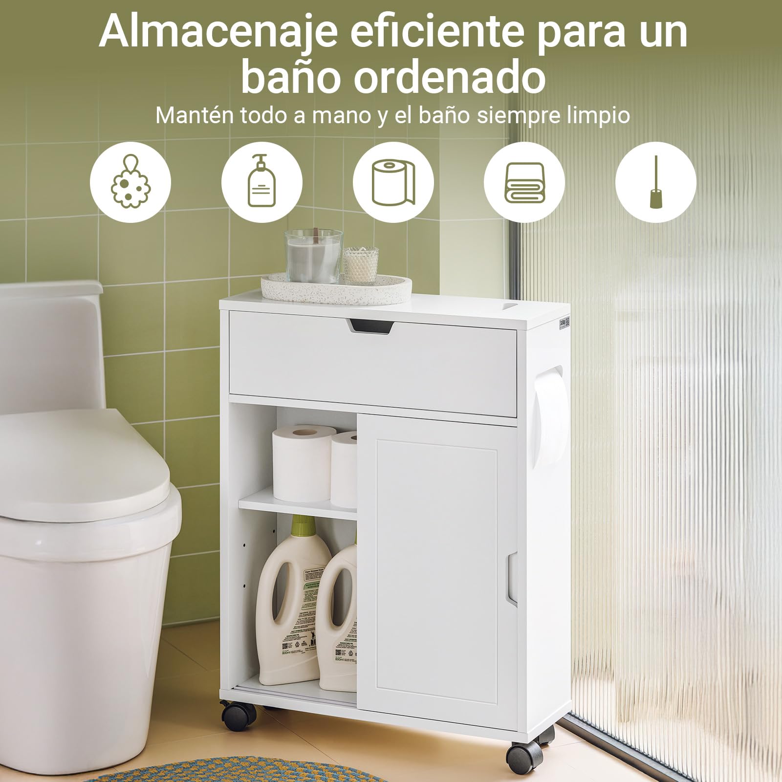 SoBuy BZR31-W Armario Auxiliar Baño Blanco con 2 Puertas y 1 cajón 52 x 17 x 67cm,ES, Madera de ingeniería