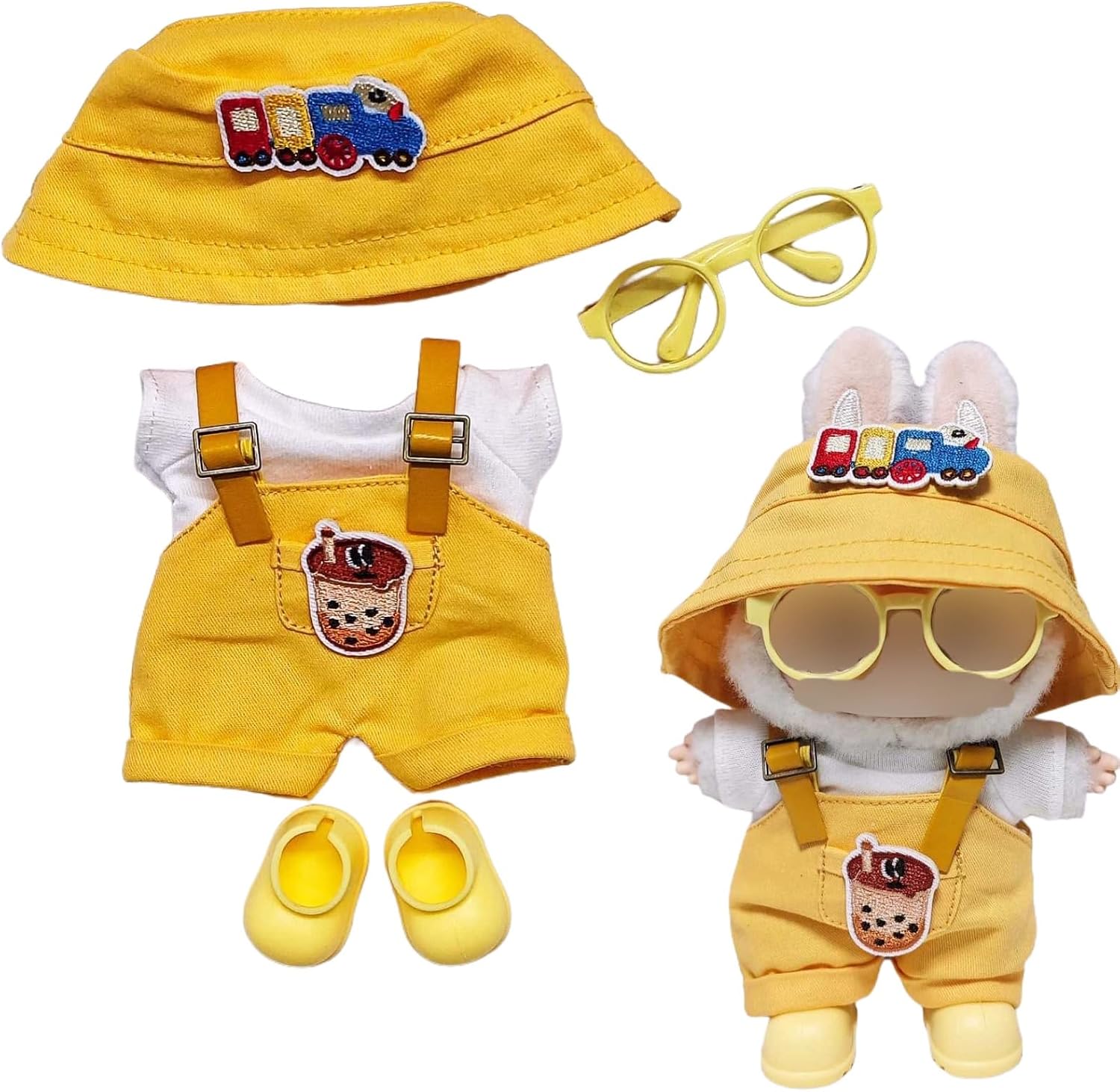Compatible with Labubu – Casual Outfit Set for Collectible Figures – Yellow Overalls with Bucket Hat, Sunglasses & Boots – Fits Gen 1, 2, 3 (Black Frame Glasses)