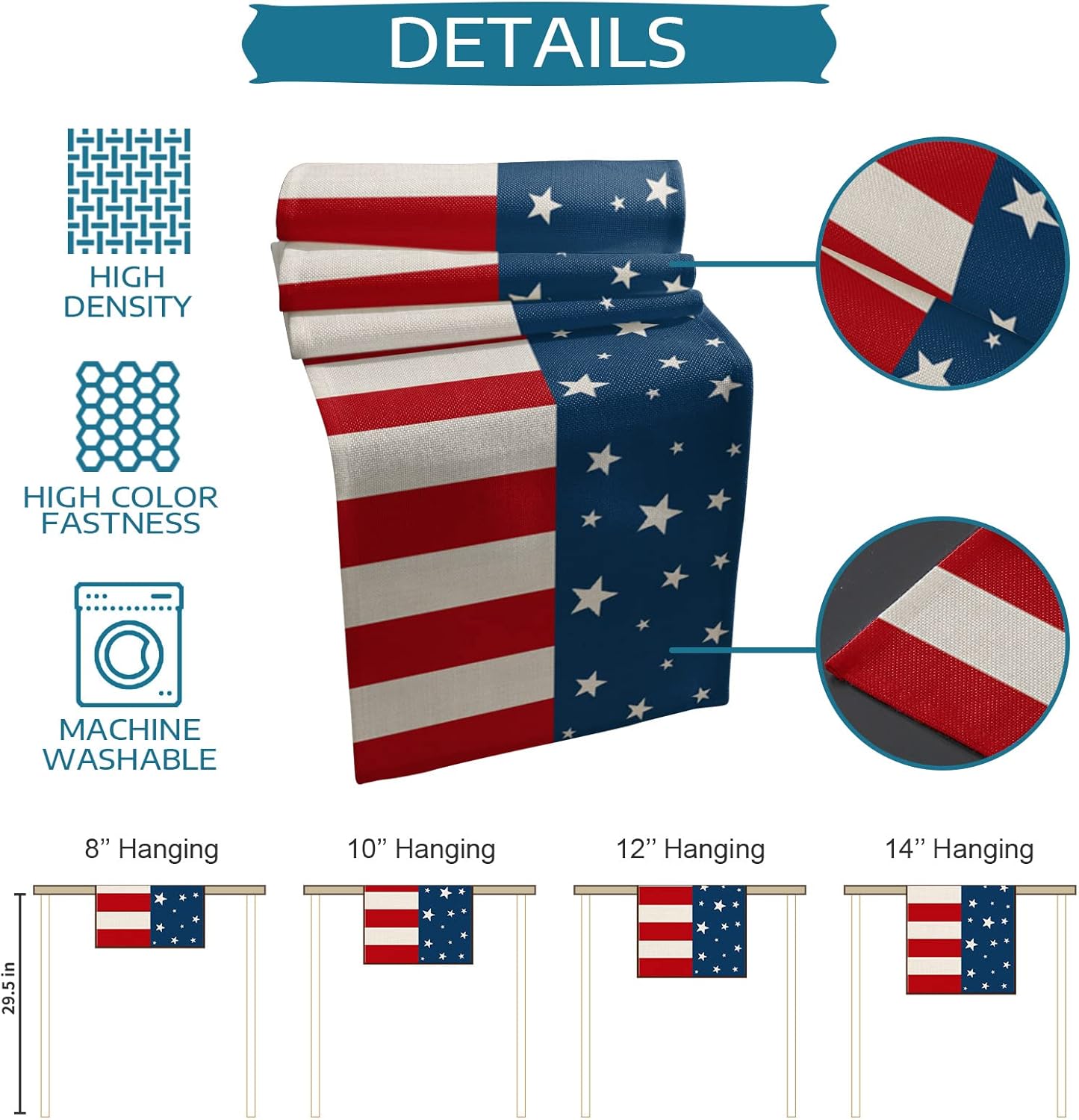 4th of July Table Runner American Stars Flag Table Runners Independence Day Stripes Patriotic Cotton Linen Dresser Scarf Kitchen Dining Table Decor for Memorial Day July 4th Holiday Party 13x108 Inch