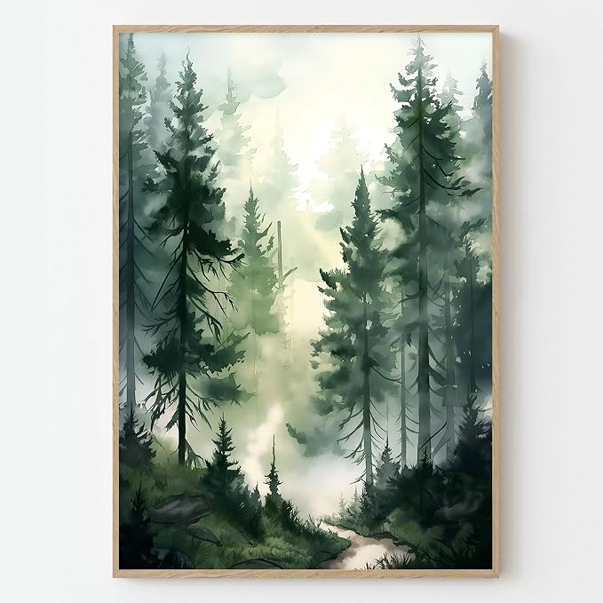 Amazon.com: Foggy Forest Canvas Wall Art Pine Tree Painting Nature ...