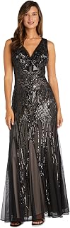 R&M Richards Women's Luxurious Sequin Embellished Gown | V-Neck Formal Beaded Maxi Dress W/Contrast Lining & Godet Skirt