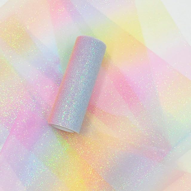 NICROLANDEE Rainbow Glitter Tulle Rolls 6 inch x 10 Yards (30 feet) Shimmer Color for Wedding Unicorn Party Birthday Pastel Baby Shower Table Runner Chair Sash Bow Pet Tutu Skirt Crafting Fabric