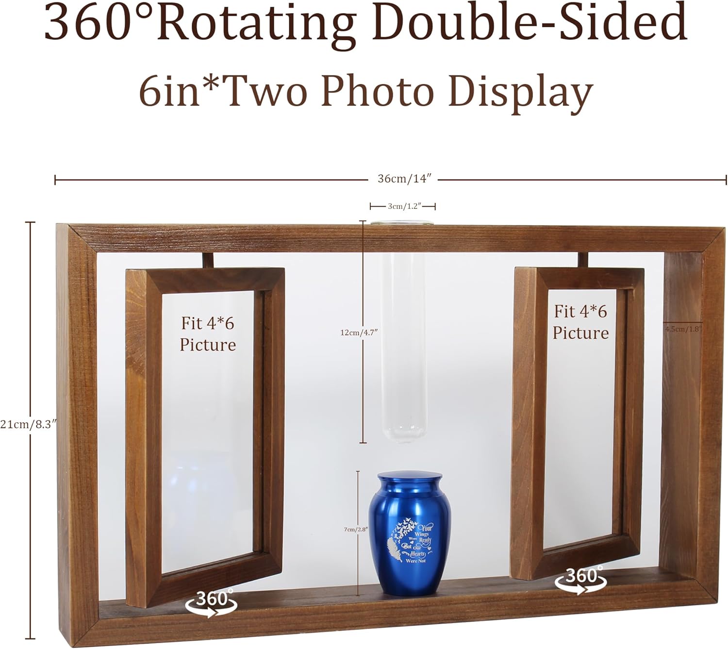 Small Urn for Human Ashes and Memorial Picture Frame Hold Two 4’’ x 6’’ Photo with Hydroponics Glass Vase,Mini Keepsake Urn（Not Included Plant）