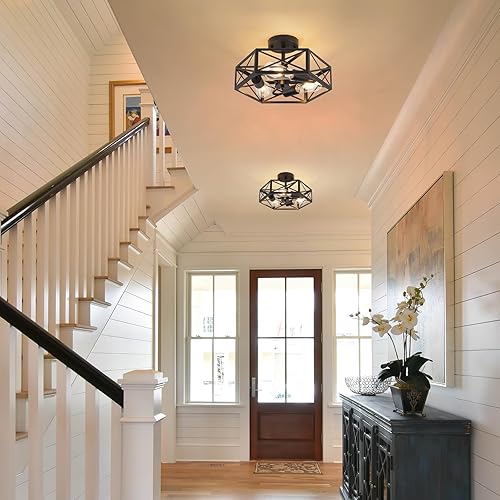 Miniatura 2 de Lámpara de techo semiempotrada negra, para pasillo de granja, 3 luces industriales cerca de techo con jaula hexagonal de metal para cocina, pasillo,