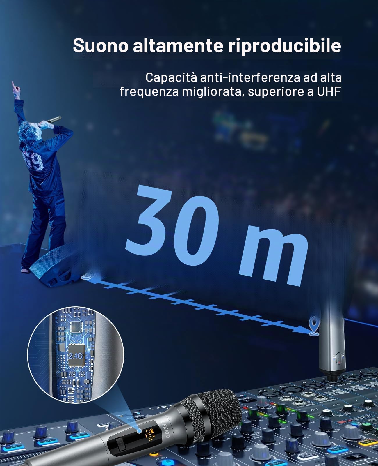LEKATO Microfono wireless ricaricabile a 2,4 GHz Microfoni per canto Fino a 30 ore di autonomia Microfoni portatili in metallo cordless Set per discorsi di canto DJ Chiesa, feste, matrimoni