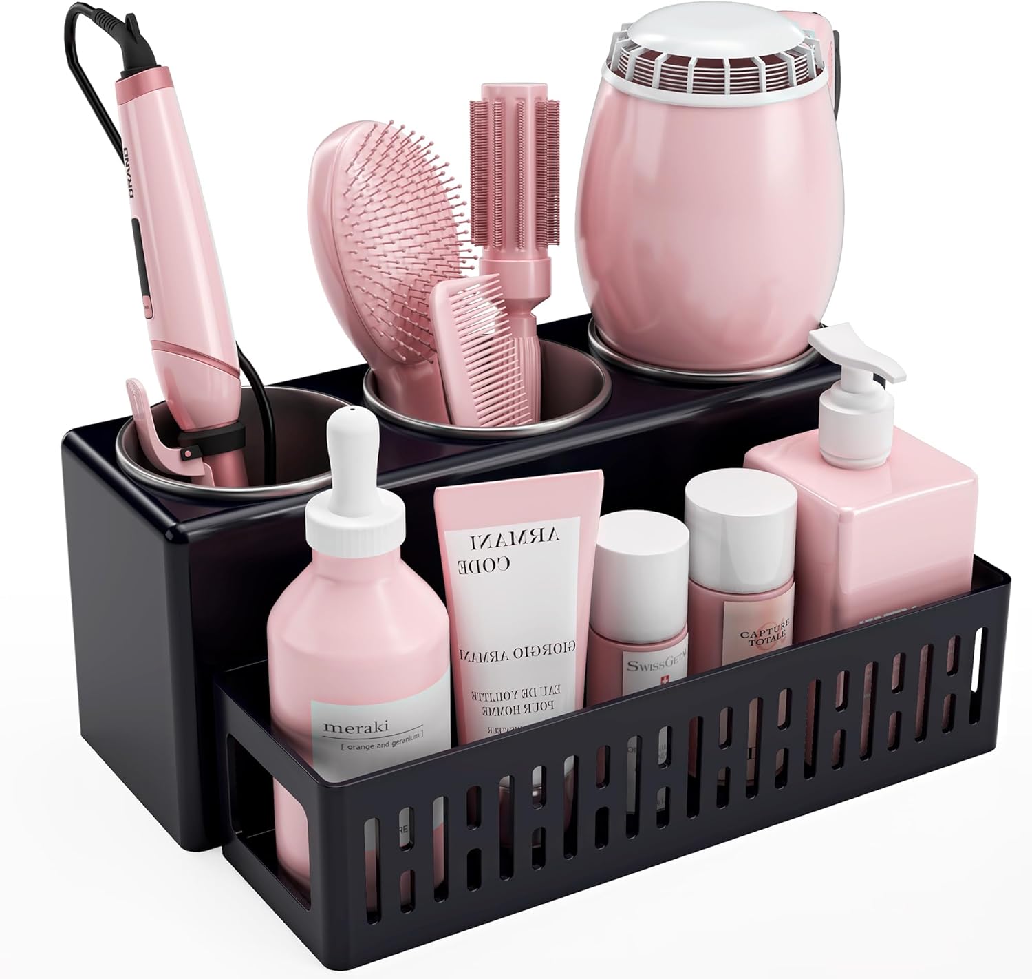 Hair Tool Organizer, Detachable Hair Dryer Holder with 3 Stainless Steel Cups, Wall Mounted Vanity Organizer Countertop for Accessories, Curling Irons, Straighteners, Toiletries, Makeup