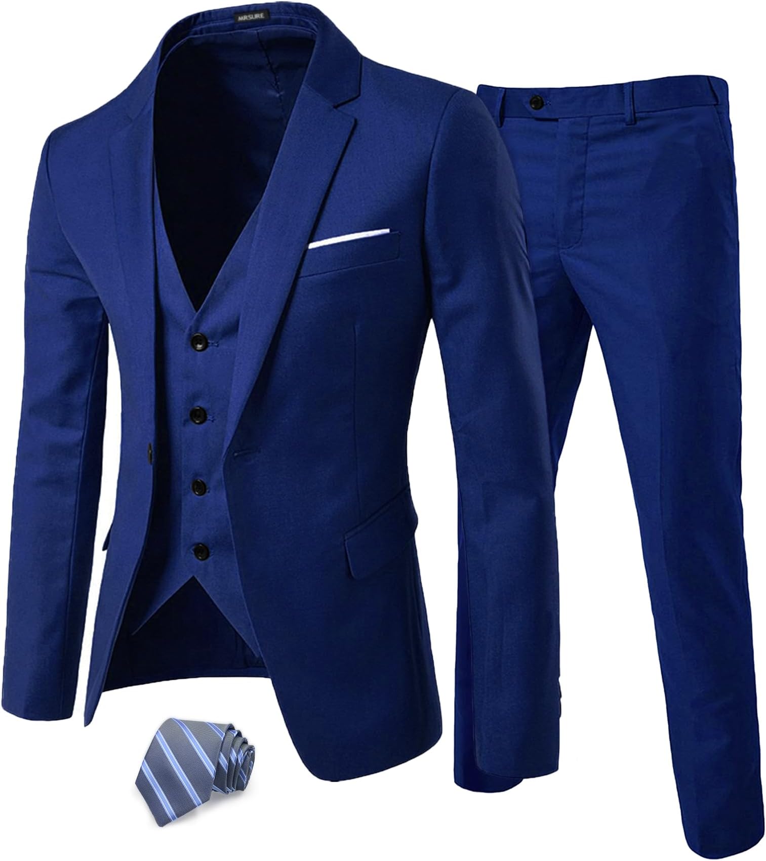 MrSure Men’s 3 Piece Suit Blazer, Slim Fit Tux with One Button, Jacket Vest Pants & Tie Set for Party, Wedding and Business, Royal Blue, XXL