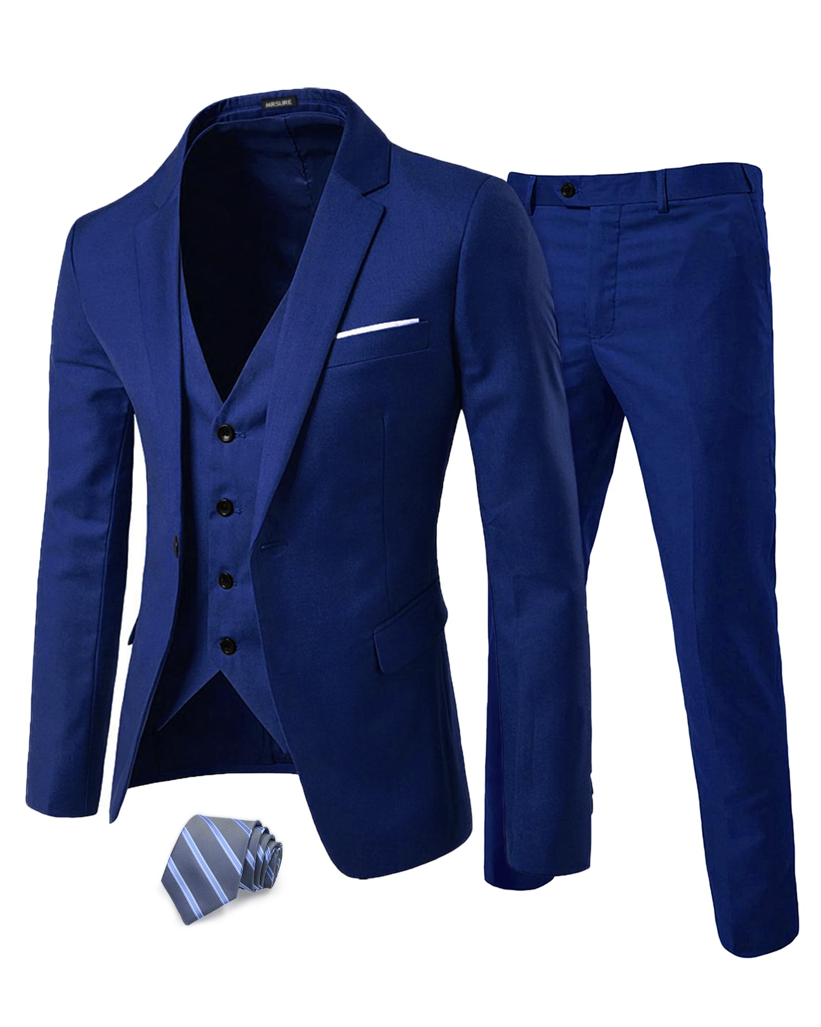 MrSure Men’s 3 Piece Suit Blazer, Slim Fit Tux with One Button, Jacket Vest Pants & Tie Set for Party, Wedding and Business, Royal Blue, XXL
