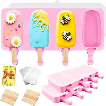 3pcs Cake Pop Molds, Silicone Popsicle Molds with Lids Ice Cream Bar Mold | Large Silicone Popsicle Molds Oval Ice Pop Cakesicle Molds Silicone with 100 Wooden Sticks & 100 Bags &100 Twist TiesPink