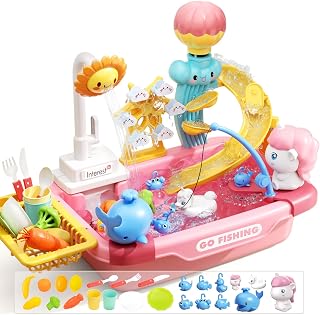 CUTE STONE 5-in-1 Play Kitchen Sink with Running Water, Electric Faucet, Fishing Game & 30+ Toddler Accessories