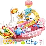 CUTE STONE Play Kitchen Sink with Running Water, Toddler Play Sink for Kids, Toy Sink with Electric Faucet, Fishing Game, Pretend Dishwasher, Water Table Toys & Kitchen Accessories for Girls
