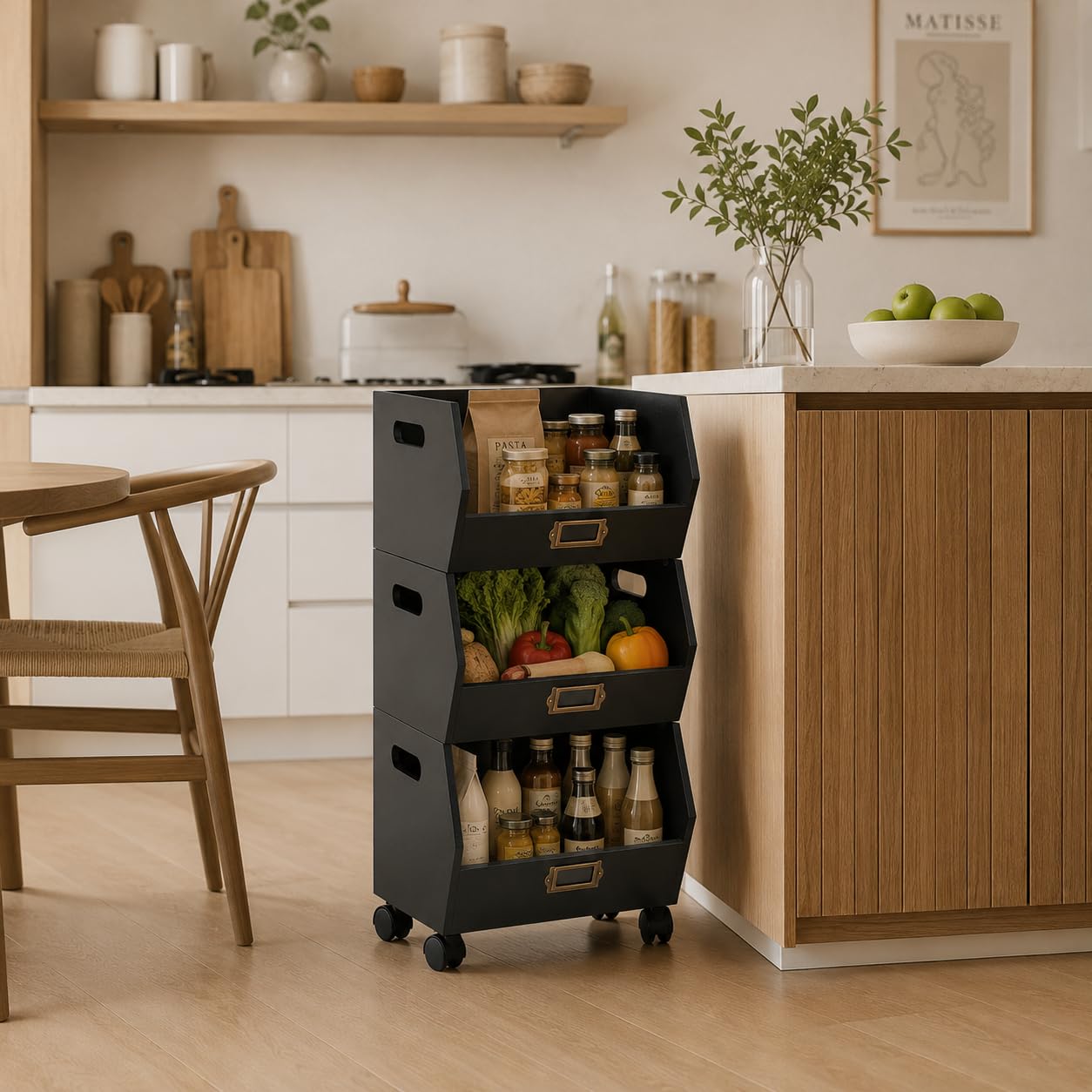 XZ-23007 Organizador Extraibles con Ruedas 3 Niveles Multiuso 32x28x60cm - Cajas de Almacenaje de Madera para Organizar Libros, Documentos, Frutas, Verduras Color Negro