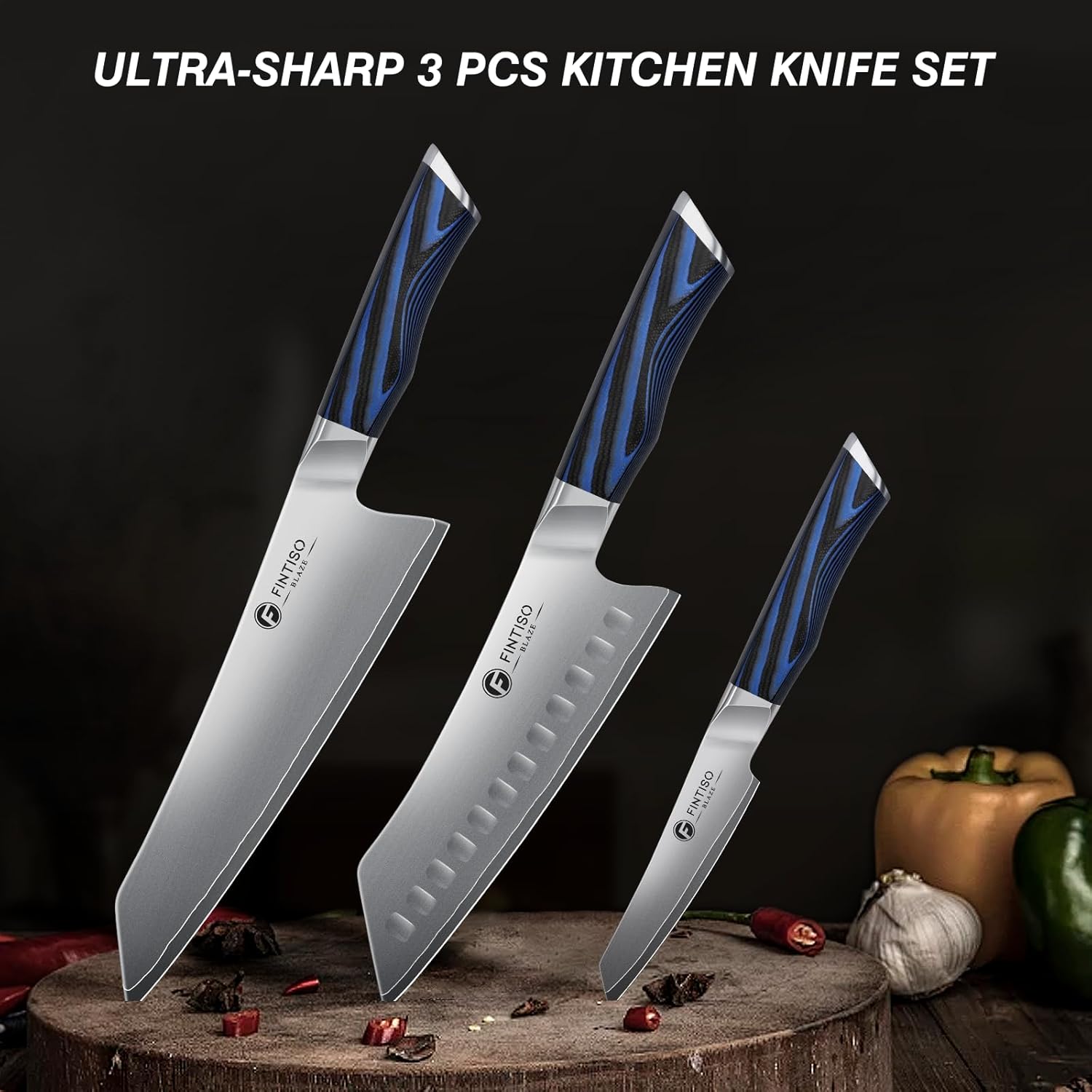 FINTISO 4PCS Kitchen Knife Set, Professional Chef, Santoku, Fillet & Paring Knives with G10 Handle, Premium 5-Layer Japanese Steel, Ultra Sharp, Dishwasher Safe