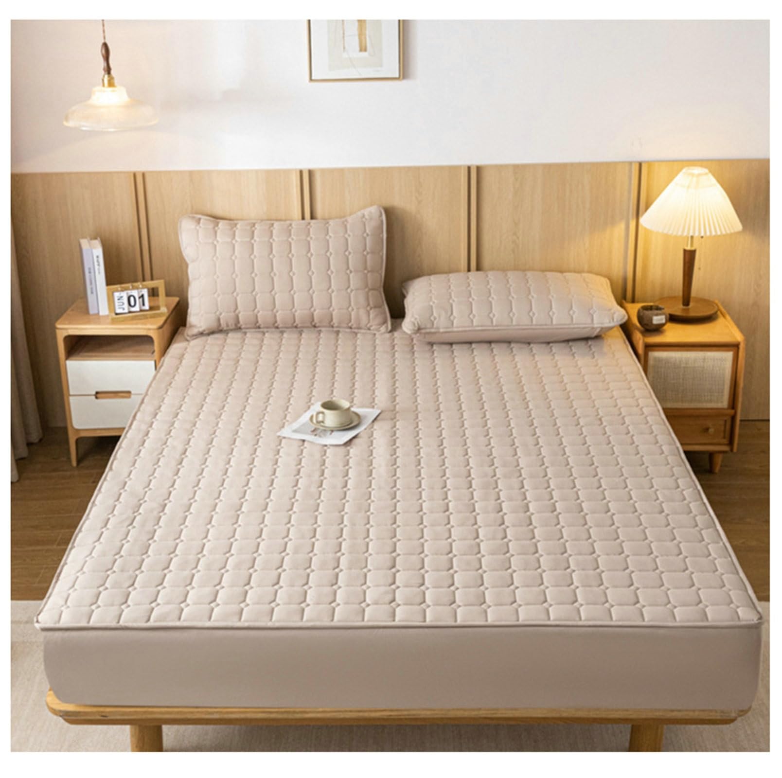 Drap Housse 200x220 Kaki Couleur Unie Coton Polyester Impermeable, Draps Housse 2 Personnes Motif Carreaux Elastique Tout Autour Matelas Epais
