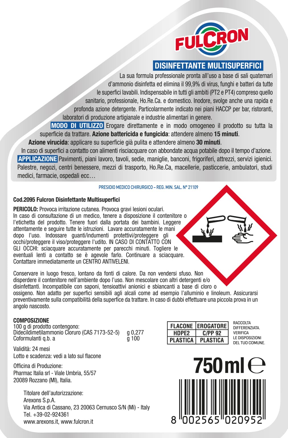 FULCRON Disinfettante Multisuperfici 750 Ml, Detergente Inodore, Elimina 99,9% di Virus Funghi Batteri