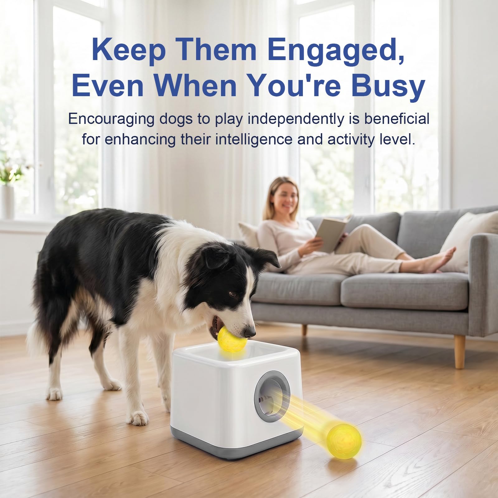 JIANAYANA Lanceur de balles automatique pour chien, jouet interactif double mode automatique et manuel, 4 distances réglables avec 5 balles ETPU, balle anti-carte pour intérieur et extérieur toutes