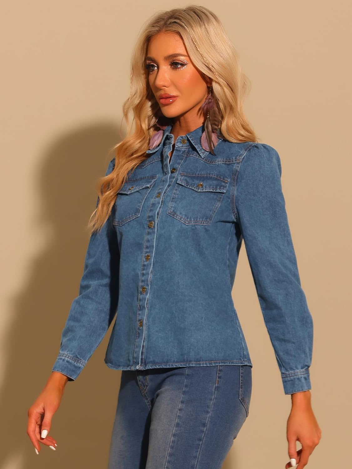 Allegra K Casual Denim Shirt for Women's Button Down Puff Long Sleeves Jean Blouse - Image 4