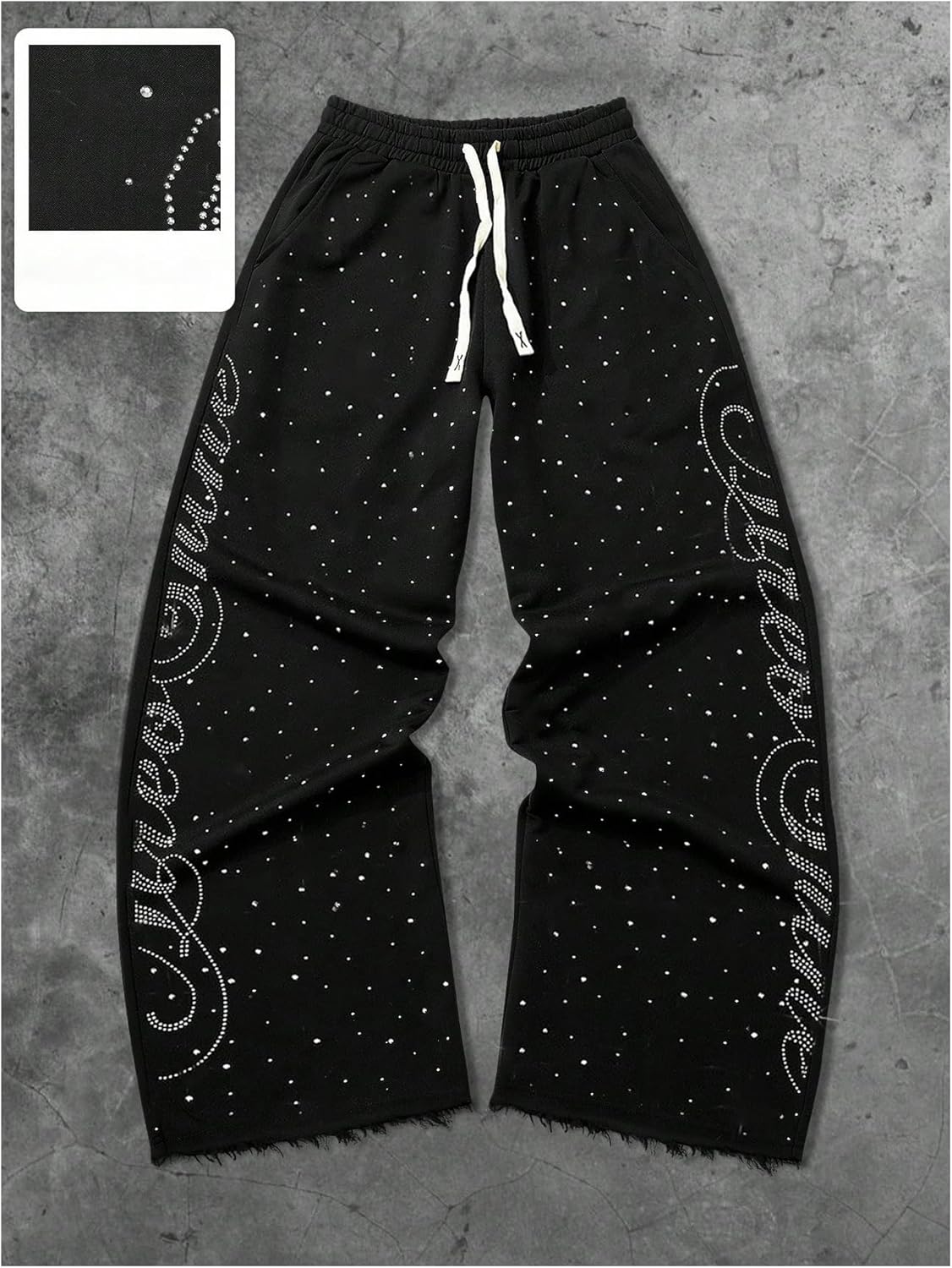 Men's Rhinestone Baggy Sweatpants Y2k Drawstring Waist Wide Leg Track Pants Streetwear with Pockets - Image 5