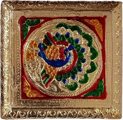 Miniatura 5 de Purpledip Meenakari Aasan Chowki de madera, diseño de pavo real, soporte pequeño para templo casero, 4 pulgadas, multicolor (10203A)