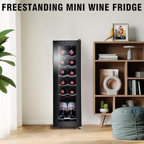 Miniatura 8 de Refrigerador para vinos de 12 botellas, mini refrigerador para vinos rojos y blancos, pequeño refrigerador independiente con control de temperatura