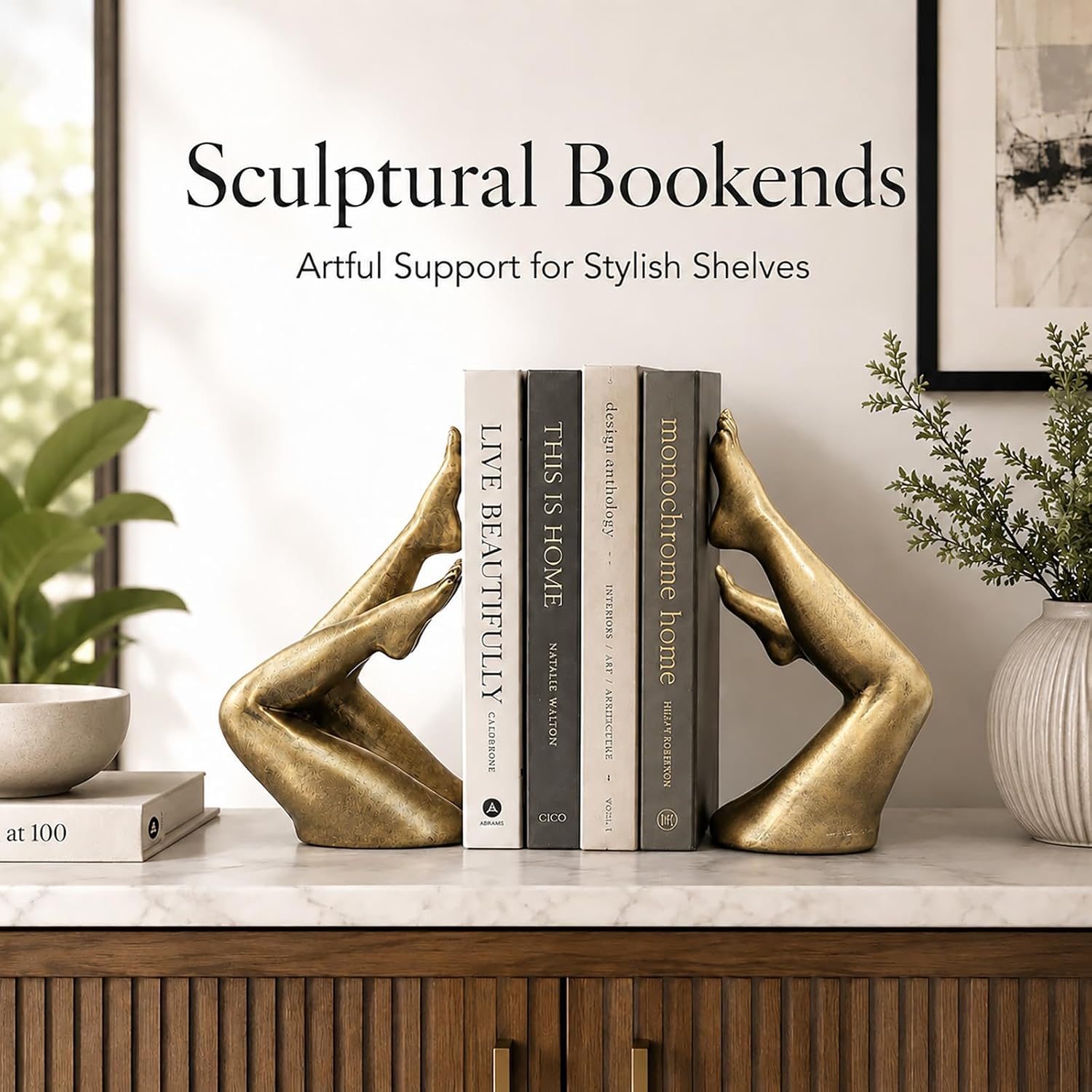 GUSFREUD Heavy Duty Leg Bookends for Shelves, Set of 2, Sculptural Decor
