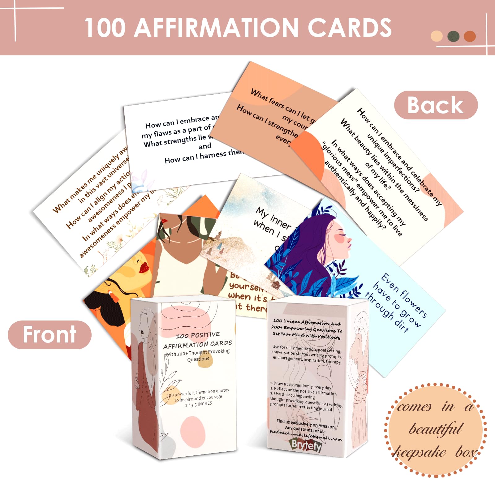 BRYTEFY 100 tarjetas de afirmación empoderadoras para mujeres, motivación diaria con preguntas que provocan pensamiento, atención plena, inspiración y meditación y regalo de cuidado personal para