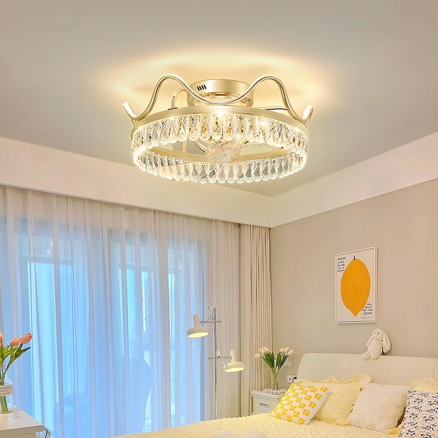 Led 50W Ceiling Fans with Lights for Bedroom,Creatived Crown Crystal Ceiling Shaking Head Fan Light,18.9 inch Ceiling Fan for Dining Room Living Room Kitchen Island